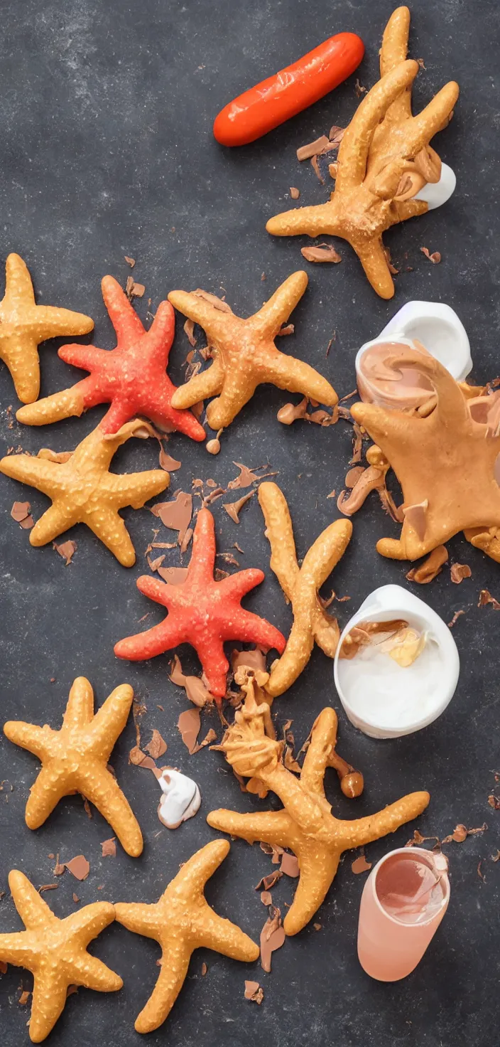 Prompt: chocolate starfish and the hot-dog flavoured water