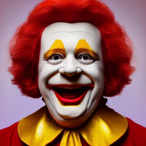 Prompt: extremely detailed studio portrait of ronald mcdonald surrended by gold, soft light, golden glow, 4 k