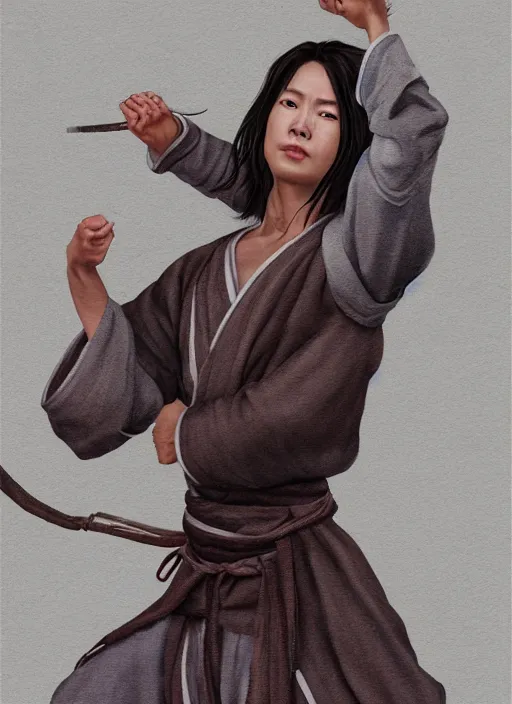 Prompt: portrait of a female drunken master monk exercising by wlop, wuxia, xianxia, drunken boxing, drunken fist, drunken master, dark olive skin, athletic, playful, beautiful, fully clothed, monk's robe, detailed, realistic, anatomically accurate, fantasy illustration, artstation, wlop, 4 k.