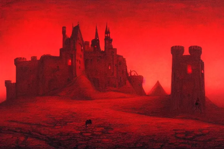 Prompt: only with red, in a red dream world, a crimson tiger, a castle in the background, medieval demons, an ancient path in the style of beksinski, part by hopper, part by rodcenko, part by hofbauer, intricate composition, red by caravaggio, insanely quality, highly detailed, masterpiece, red light, artstation