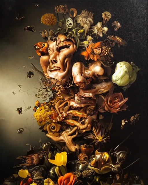 Image similar to refined gorgeous blended oil painting with black background by christian rex van minnen rachel ruysch dali todd schorr of a chiaroscuro portrait of an extremely bizarre disturbing mutated man made of still life flowers and rubber insects with shiny skin acne dutch golden age vanitas intense chiaroscuro cast shadows obscuring features dramatic lighting perfect symmetry perfect composition masterpiece