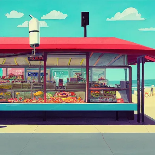 Image similar to fast food counter by the beach by simon stalenhag