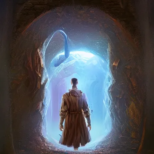 Image similar to a man through a mystical door leading to another dimension, fantasy, artstation detailed digital art