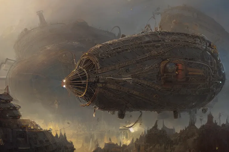 Prompt: steampunk zeppelin, concept art, highly detailed, artstation, trending, feng zhu, shaddy safadi, noah bradley, tyler edlin, jordan grimmer, darek zabrocki, neil blevins