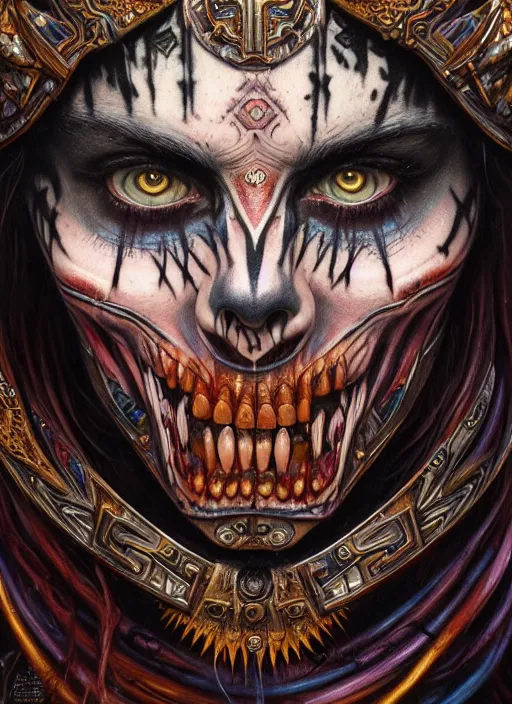 Image similar to hyper detailed masterpiece undead aztec face tattoo warrior by donato giancola and tom bagshaw, face by artgerm and edmund leighton, and h. r. giger, trending on artstation, colorful, psychedelic aesthetic, ornate, background by james jean, 8 k, biomechanical, majestic, volumetric lighting, porcelain skin, concept art, sharp focus