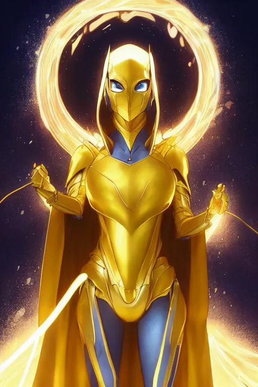 Prompt: anime key visual of a beautiful young female doctor fate!! intricate, gold and blue suit, cape, glowing, powers, dc comics, cinematic, stunning, highly detailed, digital painting, artstation, smooth, hard focus, illustration, art by artgerm and greg rutkowski and alphonse mucha