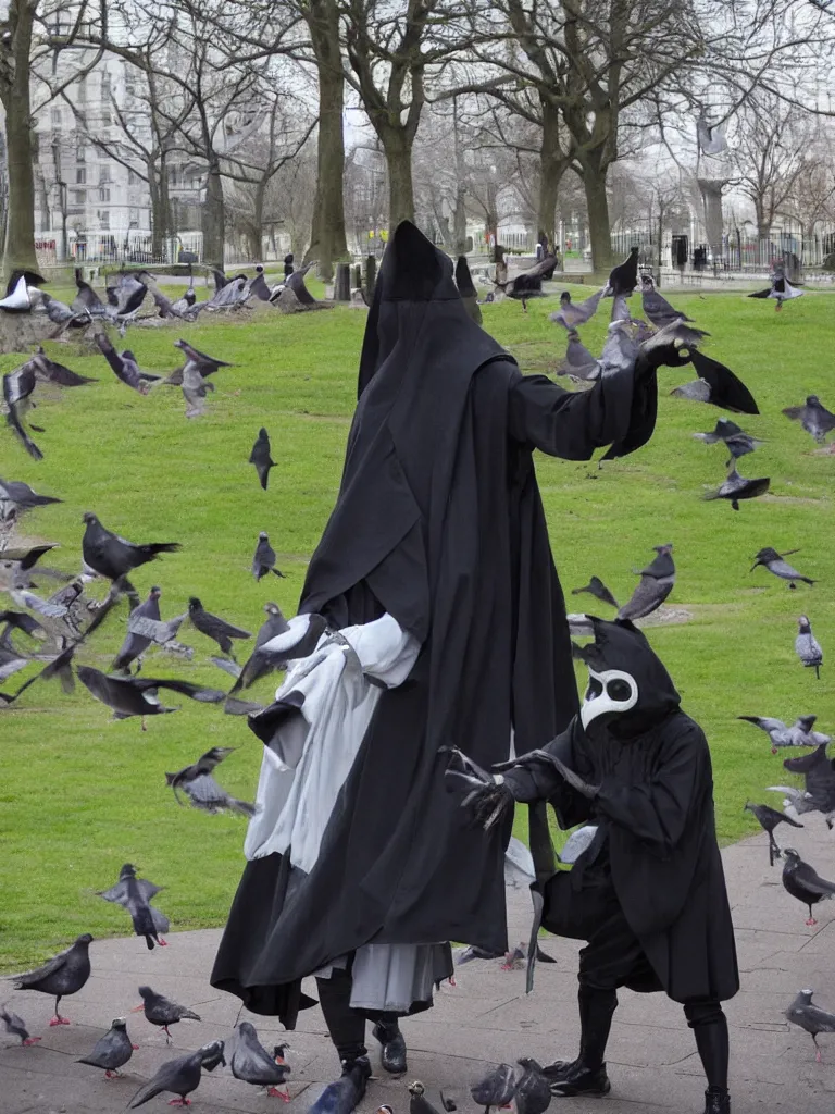 Image similar to plague doctor in a park feeding pigeons