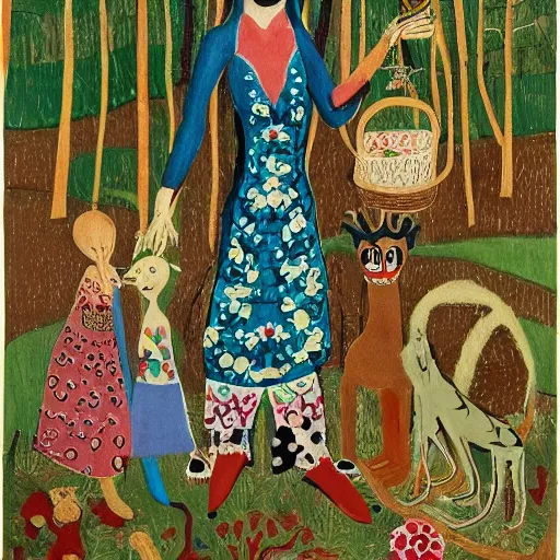 Image similar to In the photograph Vasilisa can be seen standing in the forest, surrounded by animals. She is holding a basket of flowers in one hand and a spindle in the other. Her face is turned towards the viewer, with a gentle expression. In the background, the forest is depicted as a dark and mysterious place. by Jean Dubuffet, by Kevin Sloan dynamic, geometric