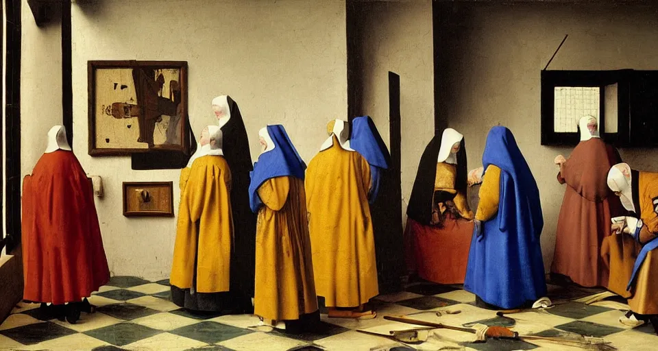 Prompt: a painting of nuns doing something punk, medieval painting by Jan van Eyck, Johannes Vermeer