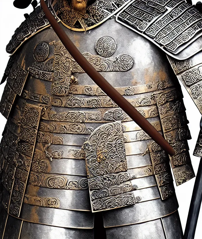 Image similar to detailed photorealistic ancient japanese samurai warrior soldier with traditional japanese engravings and ornamentation on armor and weapons, and shining metallic 3 d surfaces, japanese calligraphy, wide angle, 3 d
