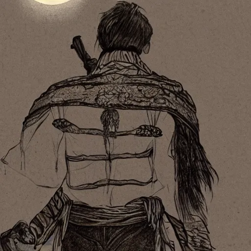 Image similar to A PORTRAIT FROM BEHIND OF A SAMURAI MAN VAGABOND WITH A MOON BEHIND HIM ,THE SAMURAI IS WRAPPED IN CHAINS ,detailed, concept art, ink style , sketch