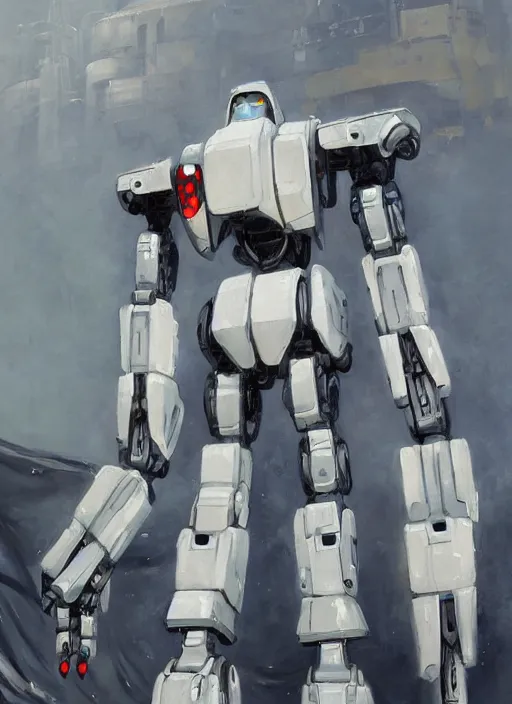 Image similar to an intricate oil painting of a giant pristine white mechsuit mecha mech with rounded components and tarpaulin cloak by kallamity, by ian mcque inspired by nier : automata, clean white lab background