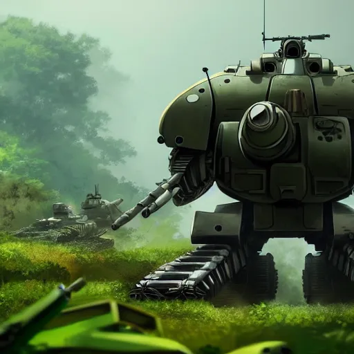 Image similar to a beautiful movie still of tank mechs with arms fighting in a post-apocalyptic Singapore overrun by vegetation. Studio Ghibli, aerial photography, wide angle lens, trending on artstation, trending on behance