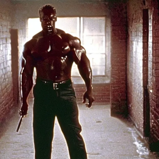 Image similar to cinematic still of arnold schwarzenegger in the green mile ( 1 9 9 9 ), blueray