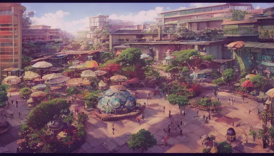 Image similar to “ craig mullins and studio ghibli illustration of 1 9 8 0 s shopping mall, lush landscape, 1 9 8 0 s pop culture landscape, big fountains, unreal engine, hyper realism, realistic shading, cinematic composition, realistic render, octane render, detailed textures, photorealistic, wide shot ”