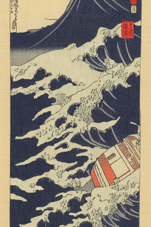 Image similar to Japanese woodblock print of r2d2, hokusai