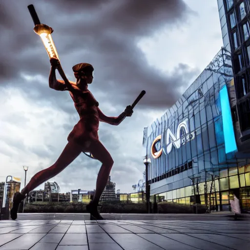 Image similar to michelangelo woman carrying torch at cnn headquarters with stormy lighting and clouds in the background 4 k hdr