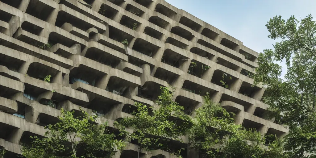 Prompt: Beautiful Brutalist Building, greenery,elegant, intricate, Long Shot, Wide shot, Full Shot, 4K