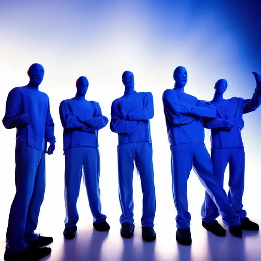 Image similar to blue man group wearing all blue, in blue hour lighting, feeling blue, listening to eiffel 65's song called 'blue'