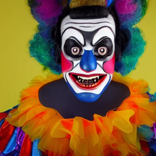 Image similar to uhd candid photo of a robot clown wearing bizarre clown makeup, with accurate face, intricate clown costume, uhd, studio lighting, correct face, photo by annie leibovitz