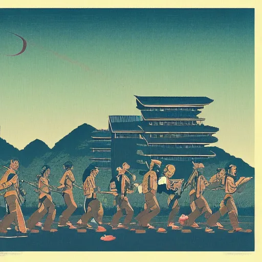 Prompt: a dystopian earth when humans are ruled by a large pointing finger and there are rows of people in shackles going to office jobs, flat design, screen print by kawase Hasui and Dan hillier, 8k, artstation