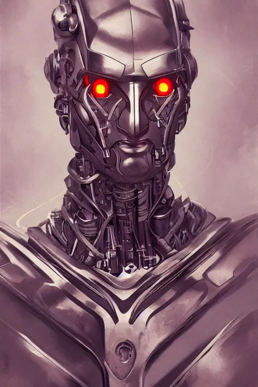 Image similar to futurist half human half robot soldier, art by leyendecker, head and shoulders portrait, blood, cyberpunk, cybernetic implants, warrior face paint, very intricate, award winning, extreme details