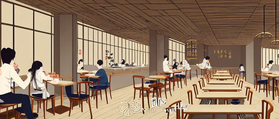 Image similar to a beautiful interior view illustration of a small roasted string hotpot restaurant in yan'an city, wall corner, chinese mountain architecture, restaurant wall paper is tower amd mountain, rectangle white porcelain table, people are eating, black chair, animation illustrative style, from china, simple style structure decoration design, victo ngai, james jean, 4 k hd