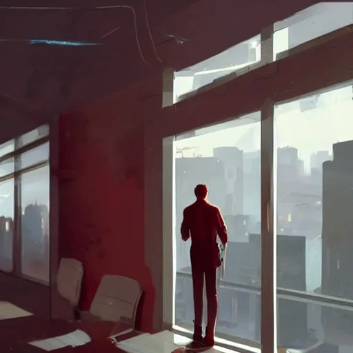 Prompt: concept art by greg rutkowski, very tall and slim young man, standing drinking a coffee looking out a large rectangular window inside a futuristic office, reddish exterior lighting, scifi, highly detailed portrait, digital painting, artstation, concept art, smooth, sharp foccus ilustration, artstation hq