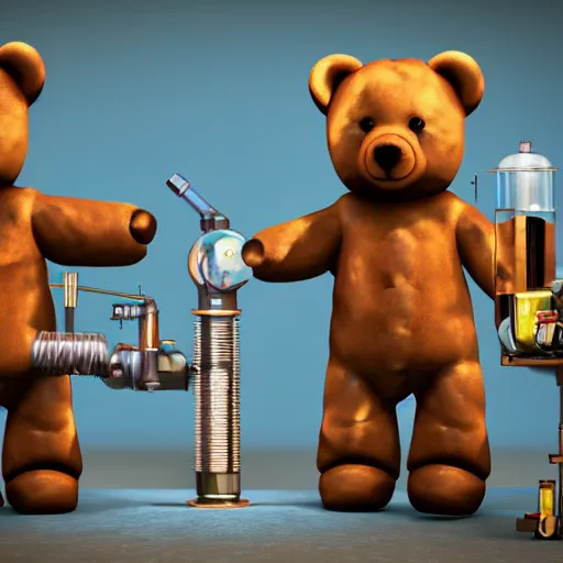 Prompt: 3D render of Teddy bears mixing sparkling chemicals as mad scientists in a steampunk style