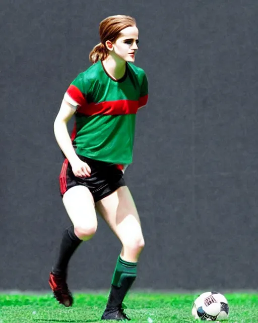 Image similar to a portrait of emma watson as a lokomotiv football player, hyper realistic