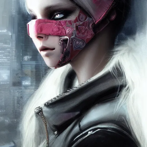 Image similar to very cool girl white hair girl with mask, streetwear, techwear, cyberpunk style outfit, full body, nose piercing, detailed portrait, intricate complexity, by greg rutkowski, cushart krentz, artgerm, ross tran, conrad roset, takato yomamoto, ilya kuvshinov. 4 k, beautiful, cinematic dramatic atmosphere, portrait lighting