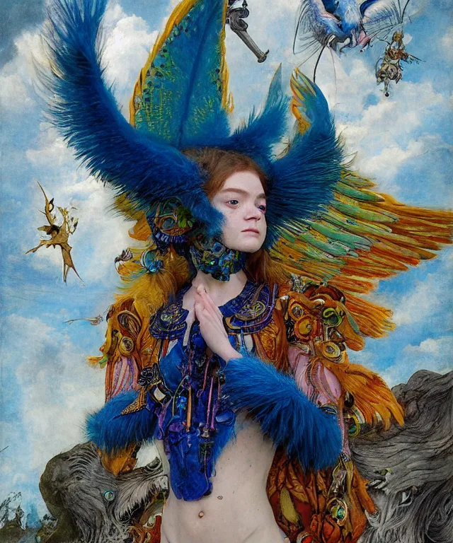 Image similar to a portrait photograph of a meditating fierce sadie sink as a colorful harpy bird super hero with blue fur. she is mutated and has alien skin grafts and cyborg body modifications. by donato giancola, hans holbein, walton ford, gaston bussiere, peter mohrbacher and brian froud. 8 k, cgsociety, fashion editorial