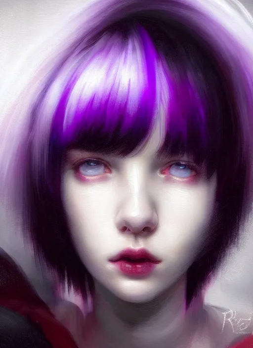 Image similar to portrait of teenage girl, red irises, bangs, black and white hair, white bangs, purple clothes, white bangs, two color hair, black hair and white bangs, intricate, elegant, glowing lights, highly detailed, digital painting, artstation, concept art, smooth, sharp focus, illustration, art by wlop, mars ravelo and greg rutkowski