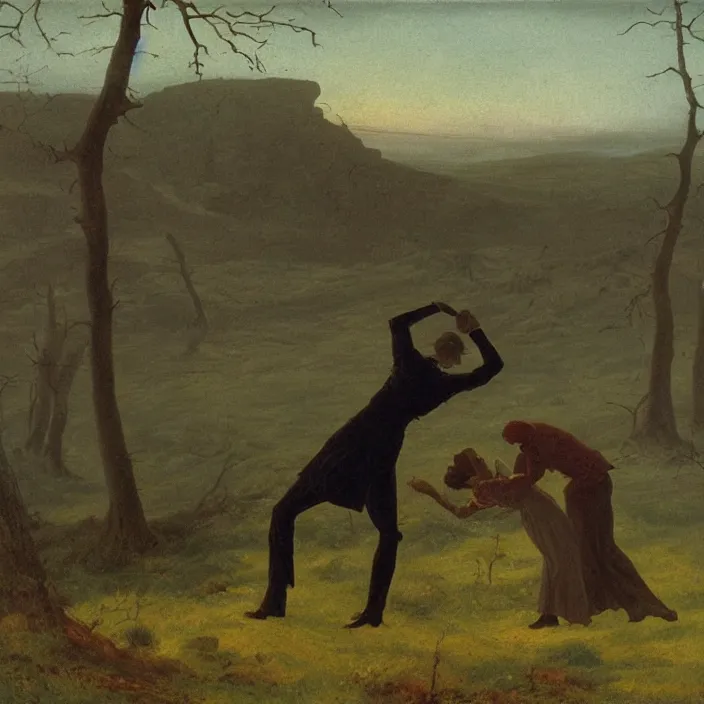 Image similar to adult dark - skinned man choking woman on the moorland, painting by caspar david friedrich