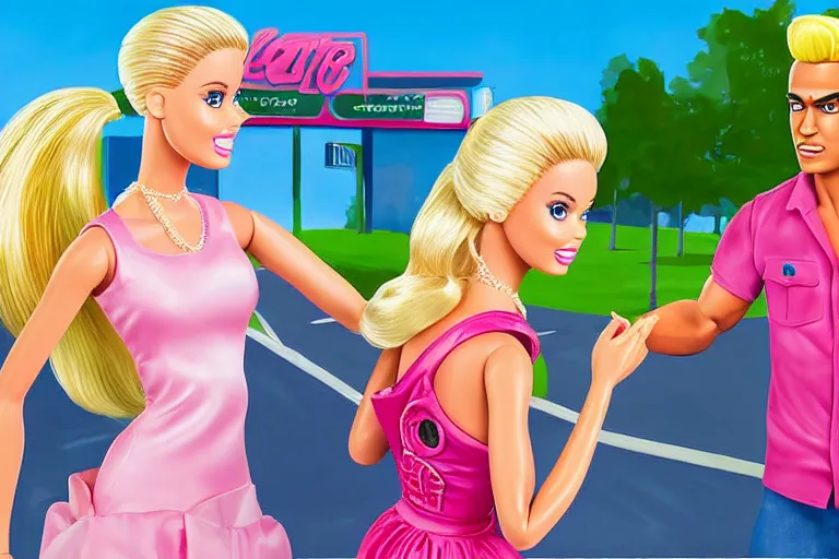 Prompt: Barbie zombie bites Ken near the gas station high-resolution digital art,