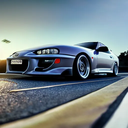 Prompt: still of a toyota supra mk4 on the road in Tokyo, action shot,sunset, CGSociety