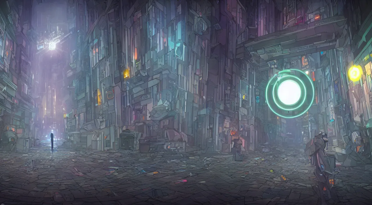 Prompt: Portal to another dimension in a dystopian city looking for trouble
