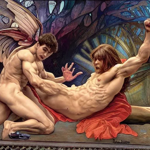 Image similar to slim and muscular angels wrestling with demons, hyper realistic, digital painting. art station. mood lighting, highly detailed, concept art, intricate, sharp focus, by shaun berke and alphonse mucha, milo manara - h 1 2 0 0