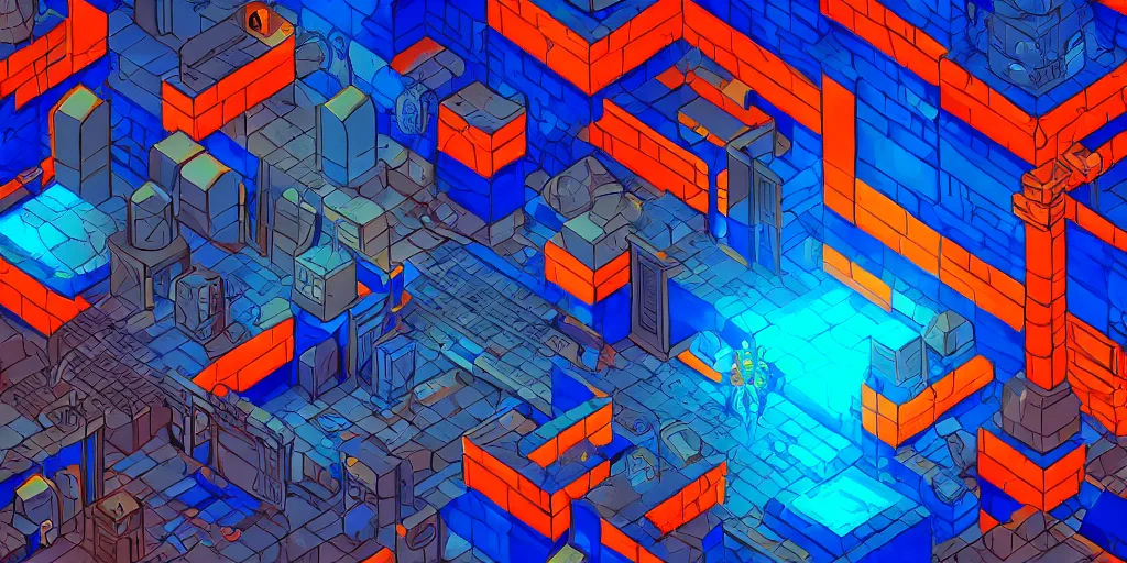 Image similar to cyberpunk dungeon, ancient caves, blue and orange neon lines along the wall, bluestone walls, isometric, trending on artstation