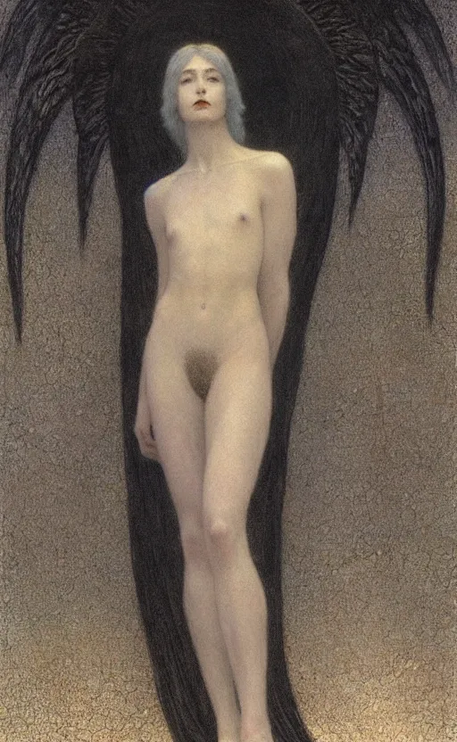 Image similar to Say who is this with silver hair so dark and Wan! and thin? beautiful lone single Male!! angel, Hades Death, in the style of Jean Delville, Lucien Lévy-Dhurmer, Fernand Keller, Fernand Khnopff, oil on canvas, 1896, 4K resolution, aesthetic, mystery