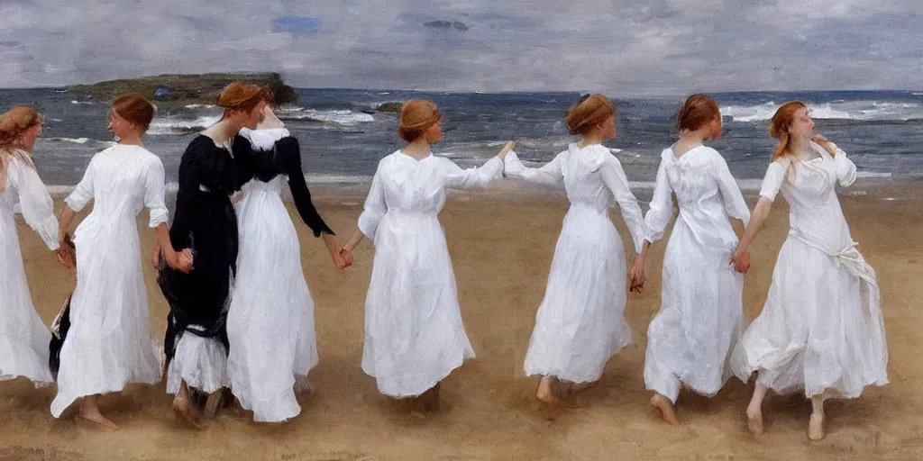 Prompt: five young edwardian women wearing white dresses on a beach in Sweden, two of them are holding hands, in the style of Anders Zorn