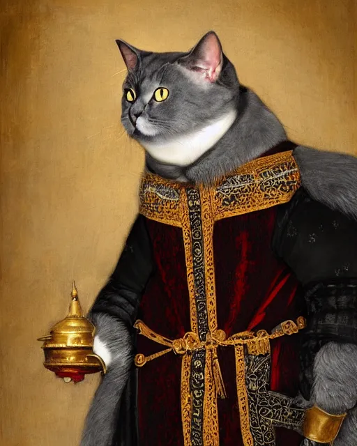 Prompt: fat gray cat with yellow eyes dressed like henry viii, tudor period clothing in red gold and black, greg rutkowski, royal portrait, painting