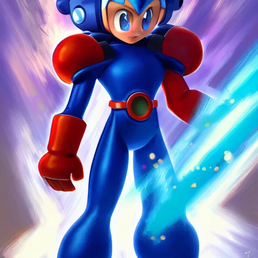 Prompt: Megaman, fantasy, vivid colors, elegant, concept art, sharp focus, digital art, Hyper-realistic, 4K, Unreal Engine, Highly Detailed, HD, Dramatic Lighting by Brom, trending on Artstation