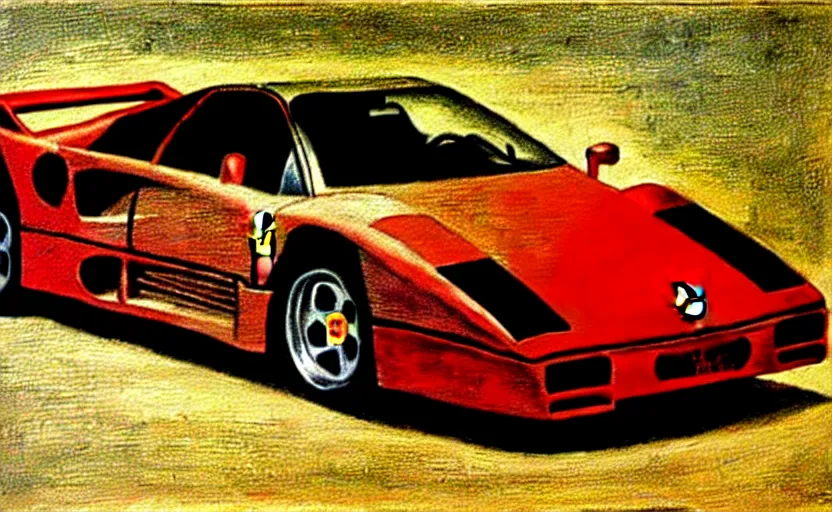 Image similar to Painting of a Ferrari F40, italian High Renaissance art by Leonardo da Vinci