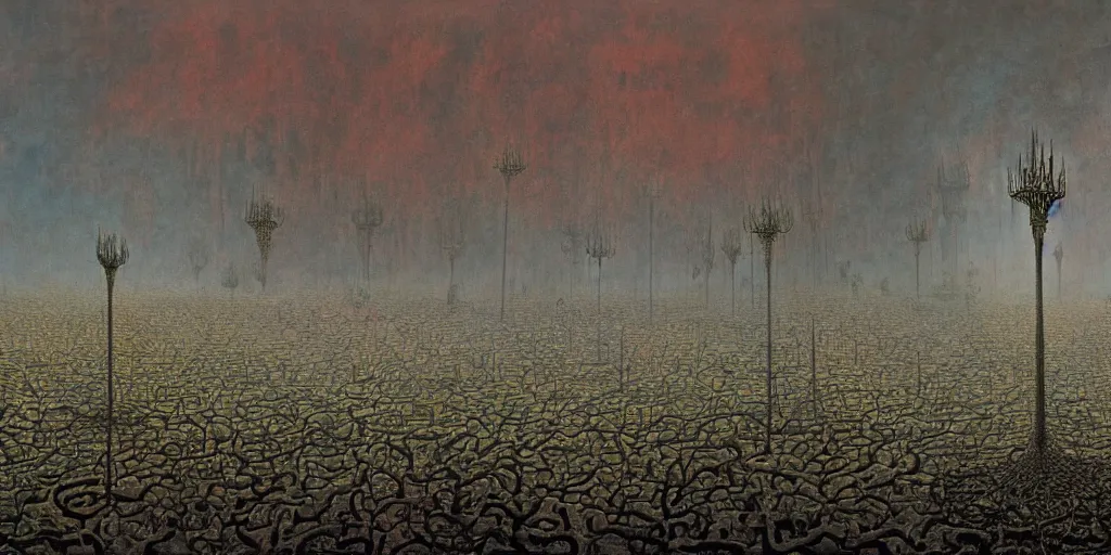 Prompt: the pits of despair, detailed matte painting of a foggy morning landscape by raqib shaw and alberto giacometti and beksiński and David Hocknet