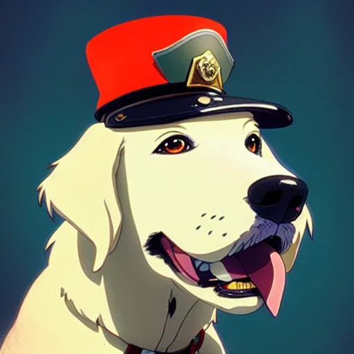 Image similar to dog as a mall cop, wearing a fun hat, makoto shinkai ghibli takashi takeuchi yoshiyuki sadamoto jamie wyeth james gilleard greg rutkowski chiho aoshima