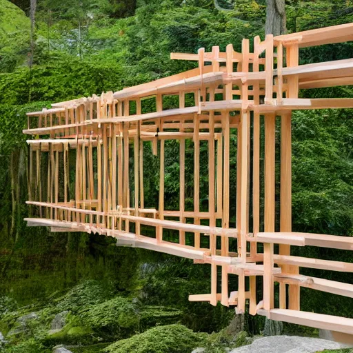 Prompt: extremely complicated wooden frame bridge designed by sou fujimoto