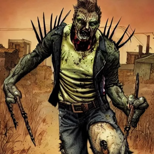 Image similar to a long shot of a Zombie Wolverine, in a post apocalyptic town