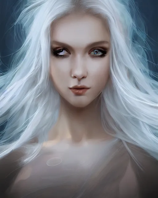 Prompt: a beautiful female cleric, ethereal, dreamy, backlit, silky white hair, realistic face, realistic lighting, sharp focus, windswept, rule of thirds, by artgerm, wlop, rossdraws, frank frazetta, andrei riabovitchev, trending on artstation, hd, 4 k, fantasy