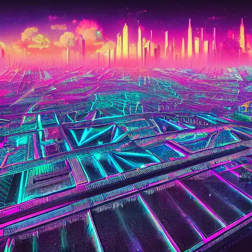 Image similar to matte painting of the sacred geometry of cyberpunk, brilliant colors, extremely detailed, very very detailed, in the style of alena aenami by Alex grey, HD, 4k, 8k